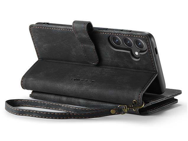 CaseMe Synthetic Leather Wallet Case with Zipper Pocket for Samsung Galaxy S24 FE - Charcoal Leather Wallet Case