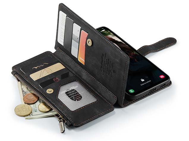 CaseMe Synthetic Leather Wallet Case with Zipper Pocket for Samsung Galaxy S24 FE - Charcoal