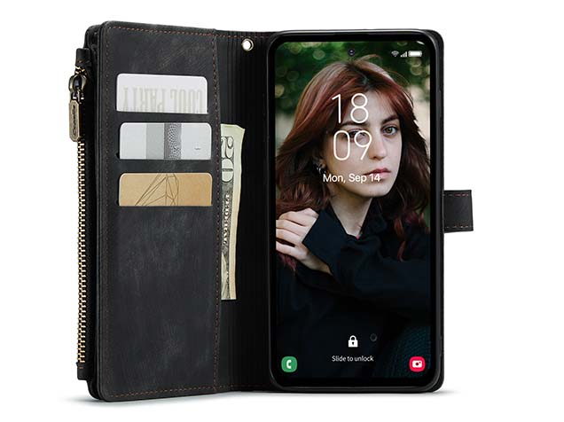 CaseMe Synthetic Leather Wallet Case with Zipper Pocket for Samsung Galaxy S24 FE - Charcoal