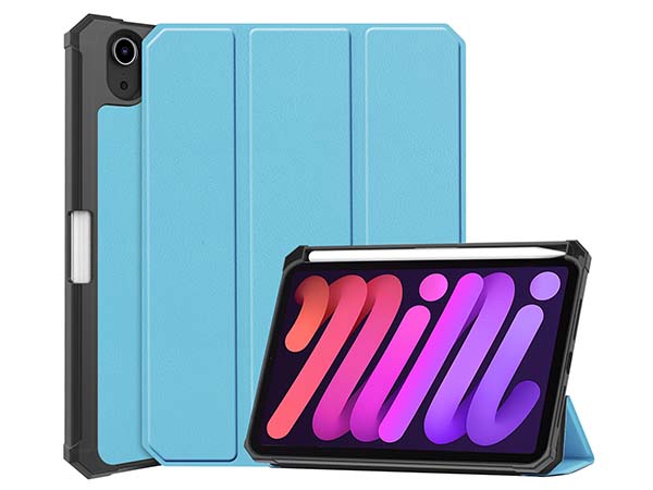 Slim Synthetic Leather Case with Stand and Pen Holder for the iPad mini 7 (2024 - A17 Pro) - Sky Blue Leather Flip Case