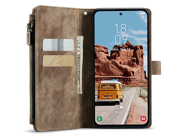 CaseMe Synthetic Leather Wallet Case with Zipper Pocket for Samsung Galaxy S25 - Desert Taupe