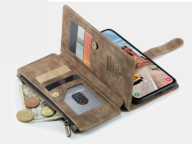 CaseMe Synthetic Leather Wallet Case with Zipper Pocket for Samsung Galaxy S25 - Desert Taupe