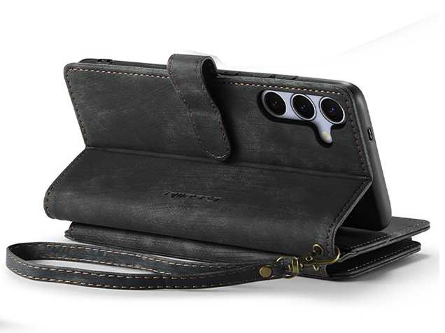 CaseMe Synthetic Leather Wallet Case with Zipper Pocket for Samsung Galaxy S25 - Charcoal Leather Wallet Case