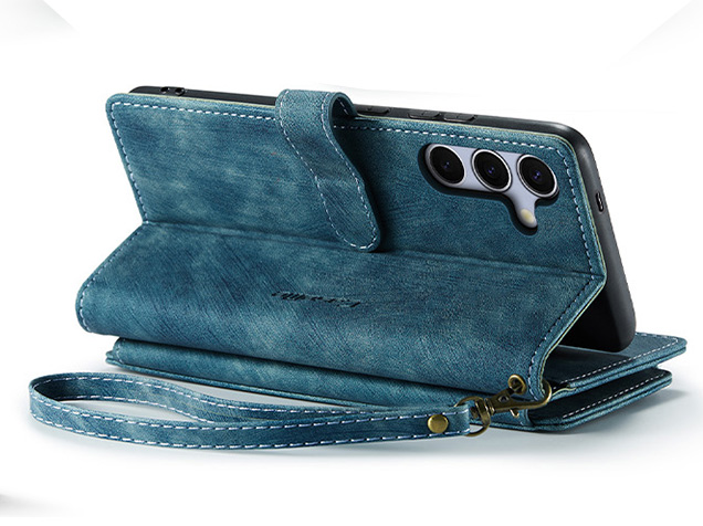 CaseMe Synthetic Leather Wallet Case with Zipper Pocket for Samsung Galaxy S25 - Teal Leather Wallet Case