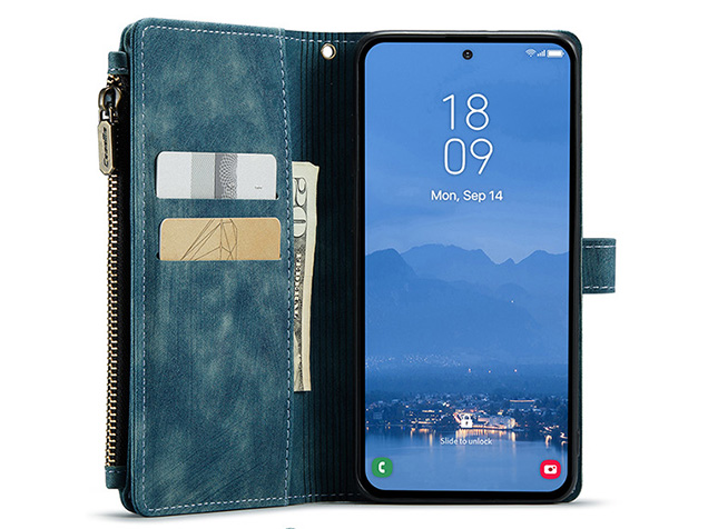 CaseMe Synthetic Leather Wallet Case with Zipper Pocket for Samsung Galaxy S25 - Teal