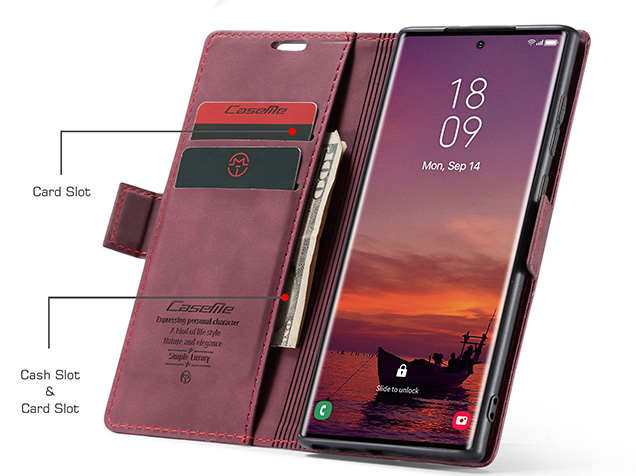 CaseMe Slim Synthetic Leather Wallet Case with Stand for Samsung Galaxy S25 Ultra - Burgundy