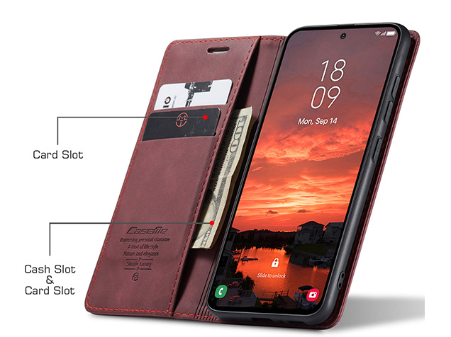 CaseMe Slim Synthetic Leather Wallet Case with Stand for Samsung Galaxy S25 - Burgundy
