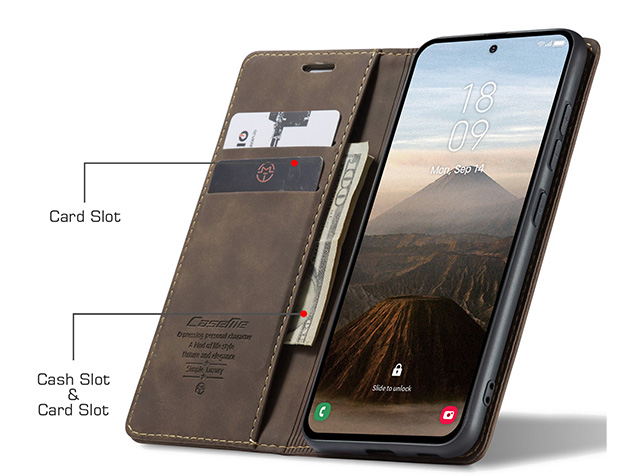 CaseMe Slim Synthetic Leather Wallet Case with Stand for Samsung Galaxy S25 - Chocolate