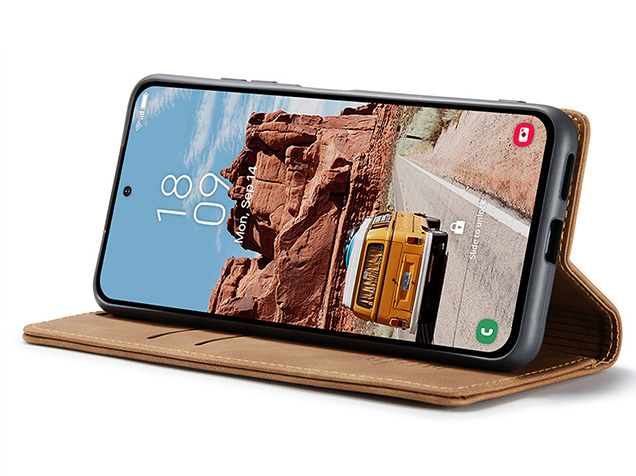 CaseMe Slim Synthetic Leather Wallet Case with Stand for Samsung Galaxy S25+ - Tan