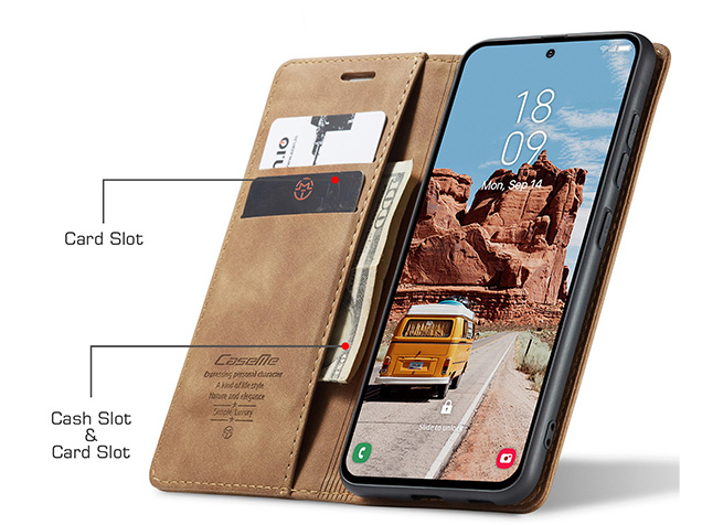 CaseMe Slim Synthetic Leather Wallet Case with Stand for Samsung Galaxy S25+ - Tan