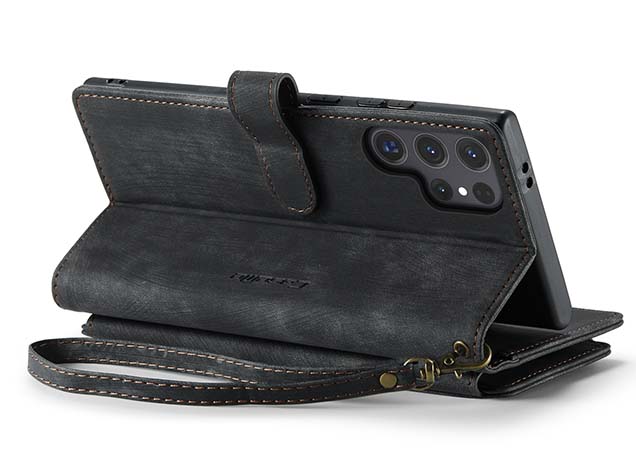 CaseMe Synthetic Leather Wallet Case with Zipper Pocket for Samsung Galaxy S25 Ultra - Charcoal Leather Wallet Case