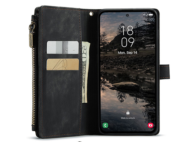 CaseMe Synthetic Leather Wallet Case with Zipper Pocket for Samsung Galaxy S25 Ultra - Charcoal