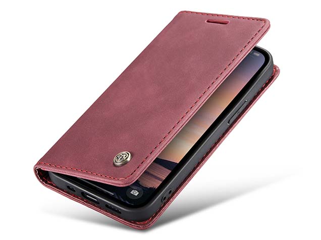 CaseMe Slim Synthetic Leather Wallet Case with Stand for iPhone 16e - Burgundy Leather Wallet Case
