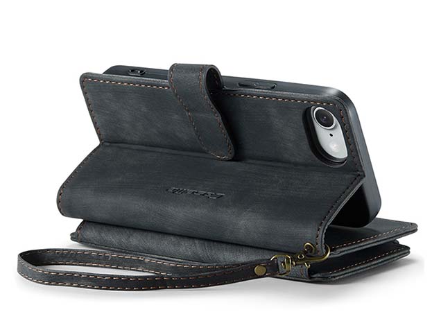 CaseMe Synthetic Leather Wallet Case with Zipper Pocket for iPhone 16e - Charcoal Leather Wallet Case