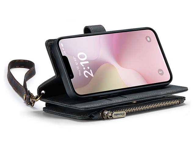 CaseMe Synthetic Leather Wallet Case with Zipper Pocket for iPhone 16e - Charcoal