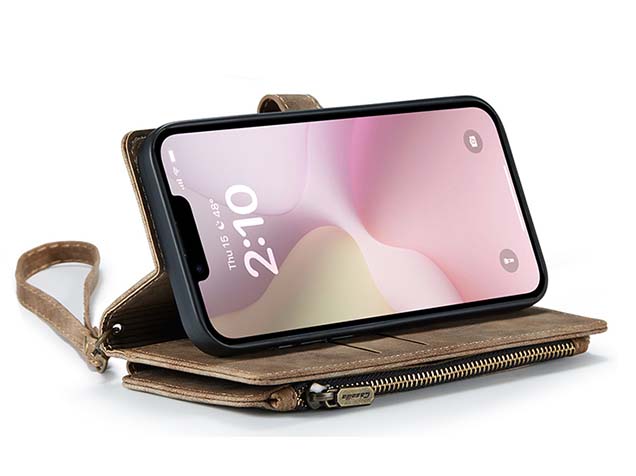 CaseMe Synthetic Leather Wallet Case with Zipper Pocket for iPhone 16e - Desert Taupe