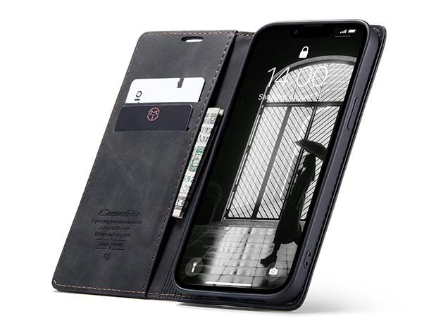 CaseMe Slim Synthetic Leather Wallet Case with Stand for iPhone 16e - Charcoal