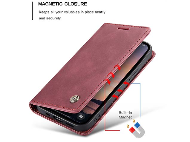 CaseMe Slim Synthetic Leather Wallet Case with Stand for iPhone 16e - Burgundy