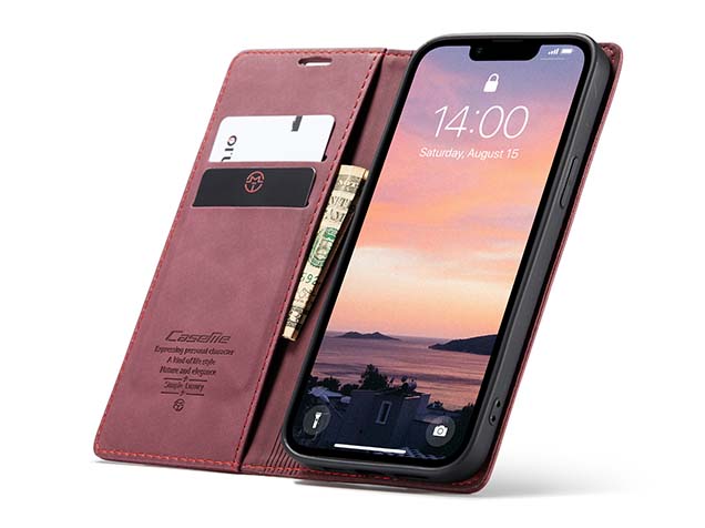 CaseMe Slim Synthetic Leather Wallet Case with Stand for iPhone 16e - Burgundy