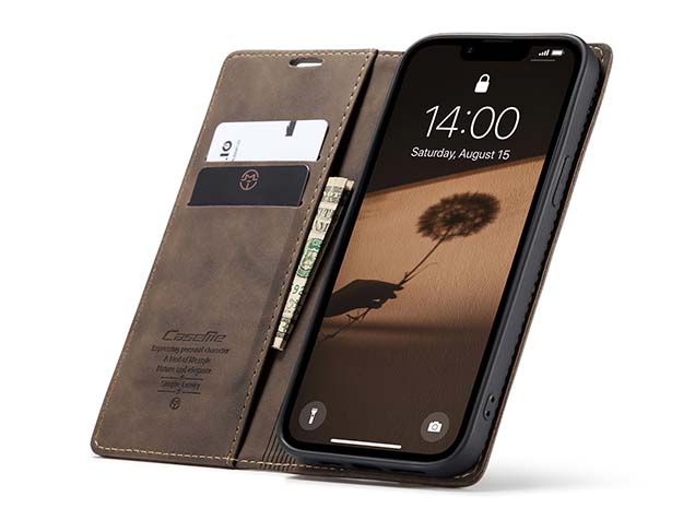CaseMe Slim Synthetic Leather Wallet Case with Stand for iPhone 16e - Chocolate