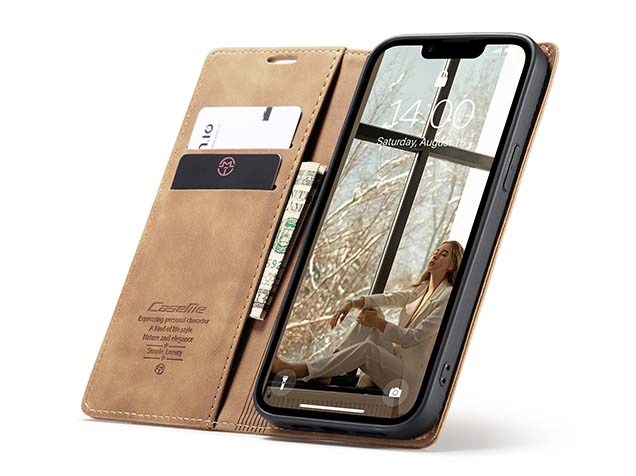 CaseMe Slim Synthetic Leather Wallet Case with Stand for iPhone 16e - Tan