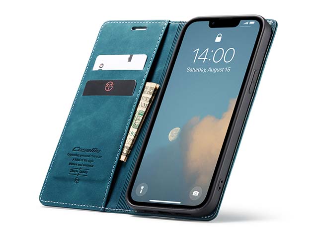 CaseMe Slim Synthetic Leather Wallet Case with Stand for iPhone 16e - Teal