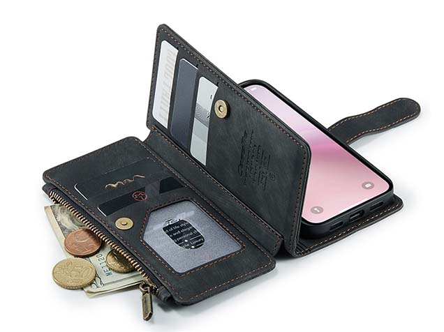 CaseMe Synthetic Leather Wallet Case with Zipper Pocket for iPhone 16e - Charcoal