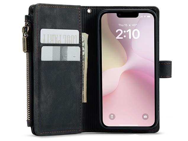CaseMe Synthetic Leather Wallet Case with Zipper Pocket for iPhone 16e - Charcoal