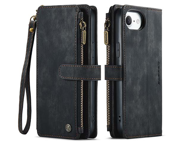 CaseMe Synthetic Leather Wallet Case with Zipper Pocket for iPhone 16e - Charcoal