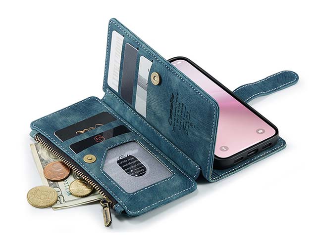 CaseMe Synthetic Leather Wallet Case with Zipper Pocket for iPhone 16e - Teal