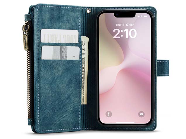CaseMe Synthetic Leather Wallet Case with Zipper Pocket for iPhone 16e - Teal