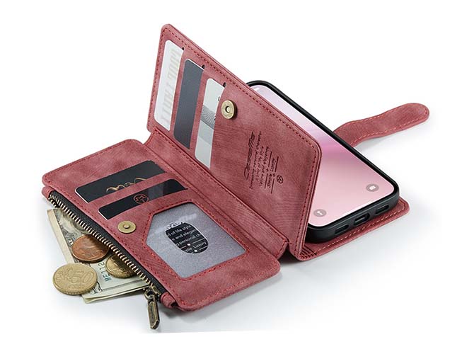 CaseMe Synthetic Leather Wallet Case with Zipper Pocket for iPhone 16e - Blush