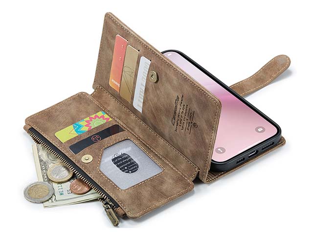 CaseMe Synthetic Leather Wallet Case with Zipper Pocket for iPhone 16e - Desert Taupe