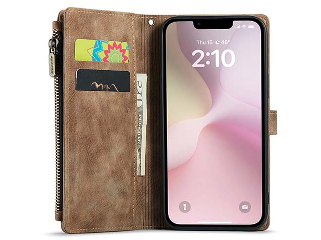 CaseMe Synthetic Leather Wallet Case with Zipper Pocket for iPhone 16e - Desert Taupe