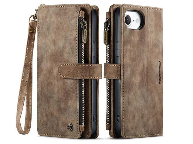 CaseMe Synthetic Leather Wallet Case with Zipper Pocket for iPhone 16e - Desert Taupe