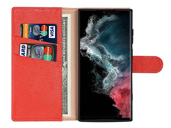 Premium Leather Wallet Case for Samsung Galaxy S25 Ultra - Red
