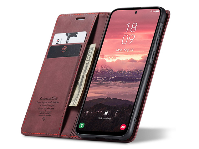 CaseMe Slim Synthetic Leather Wallet Case with Stand for Samsung Galaxy A36 - Burgundy