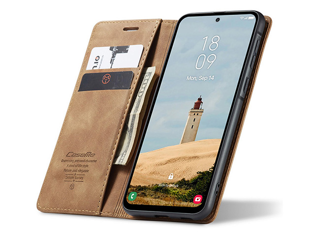 CaseMe Slim Synthetic Leather Wallet Case with Stand for Samsung Galaxy A36 - Tan