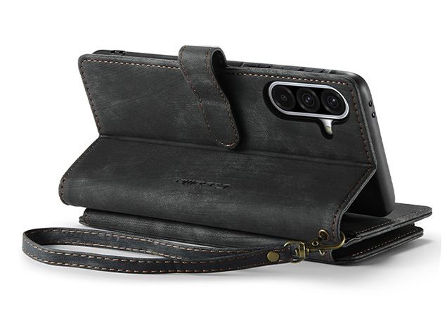 CaseMe Synthetic Leather Wallet Case with Zipper Pocket for Samsung Galaxy A56 - Charcoal Leather Wallet Case