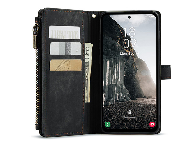 CaseMe Synthetic Leather Wallet Case with Zipper Pocket for Samsung Galaxy A36 - Charcoal