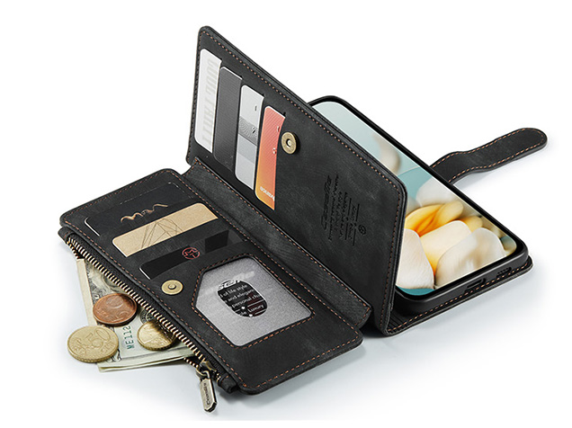 CaseMe Synthetic Leather Wallet Case with Zipper Pocket for Google Pixel 9a - Charcoal