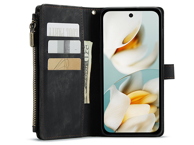 CaseMe Synthetic Leather Wallet Case with Zipper Pocket for Google Pixel 9a - Charcoal