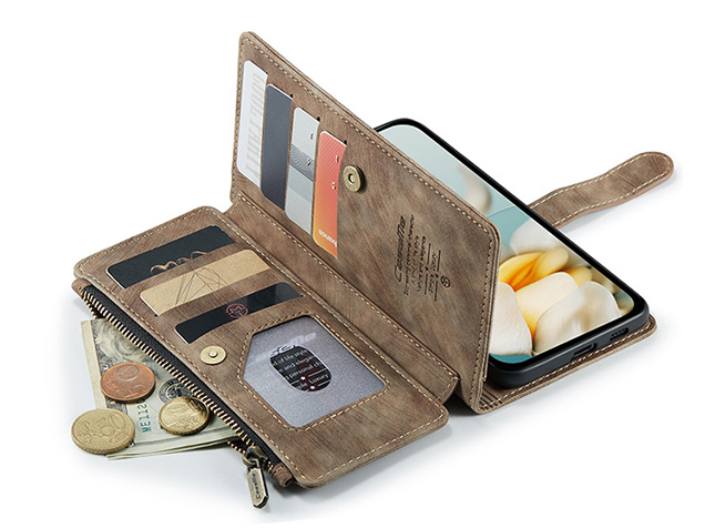 CaseMe Synthetic Leather Wallet Case with Zipper Pocket for Google Pixel 9a - Desert Taupe
