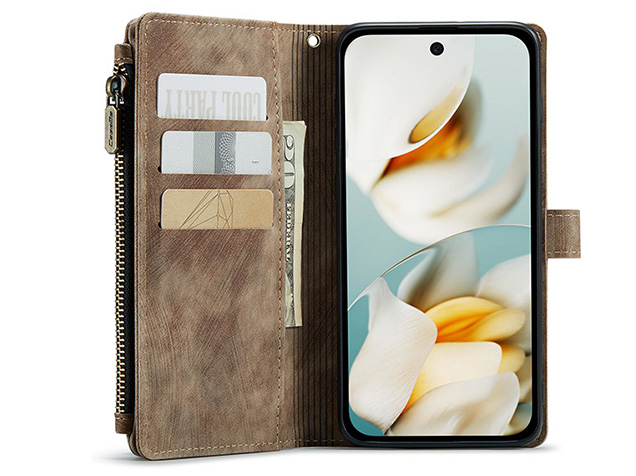 CaseMe Synthetic Leather Wallet Case with Zipper Pocket for Google Pixel 9a - Desert Taupe