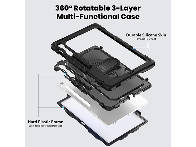 Rugged Impact Case with Strap for Samsung Galaxy Tab S10 FE+ - Classic Black