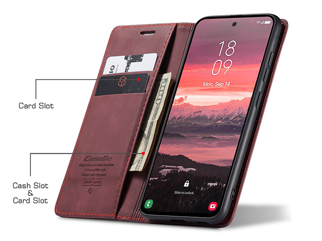 CaseMe Slim Synthetic Leather Wallet Case with Stand for Samsung Galaxy S25 Edge - Burgundy