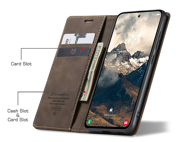 CaseMe Slim Synthetic Leather Wallet Case with Stand for Samsung Galaxy S25 Edge - Chocolate