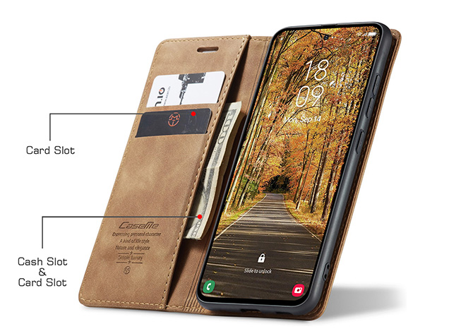 CaseMe Slim Synthetic Leather Wallet Case with Stand for Samsung Galaxy S25 Edge - Tan