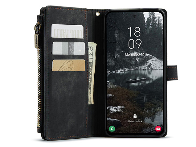 CaseMe Synthetic Leather Wallet Case with Zipper Pocket for Samsung Galaxy S25 Edge - Charcoal