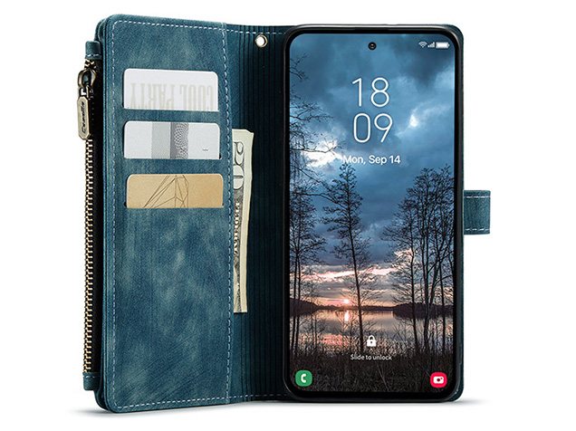 CaseMe Synthetic Leather Wallet Case with Zipper Pocket for Samsung Galaxy S25 Edge - Teal